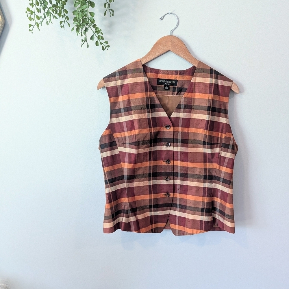 Kasper Vintage Women's Multicolor Silk Plaid Vest Size 12